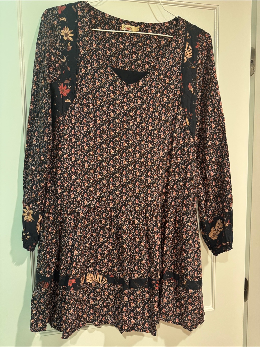 Faherty Black Floral Long-Sleeve Tiered Dress with Pink & Cream Accents